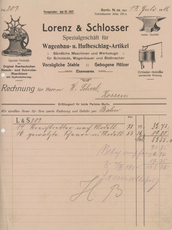 Wilhelm Scheel Schmiedemeisteran Lorenz & Schlosser- Rechnung - 17.07.1911