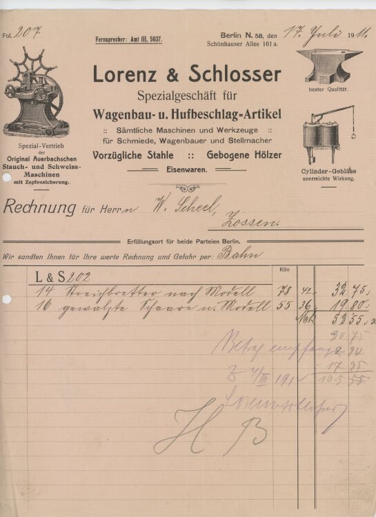 Wilhelm Scheel Schmiedemeisteran Lorenz & Schlosser- Rechnung - 17.07.1911