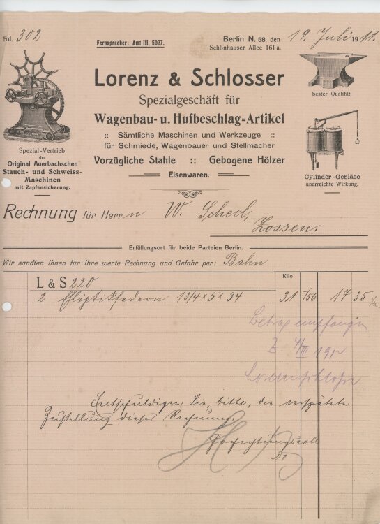 Wilhelm Scheel Schmiedemeisteran Lorenz & Schlosser- Rechnung - 19.07.1911