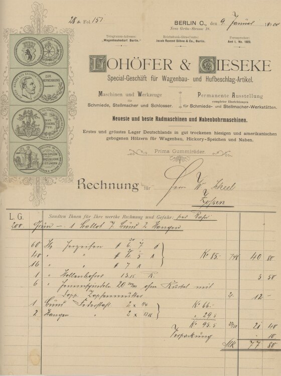 Wilhelm Scheel Schmiedemeisteran Lohöfer & Gieseke- Rechnung - 09.01.1900