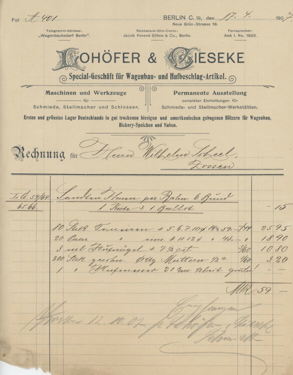 Wilhelm Scheel Schmiedemeisteran Lohöfer & Gieseke- Rechnung - 17.04.1907