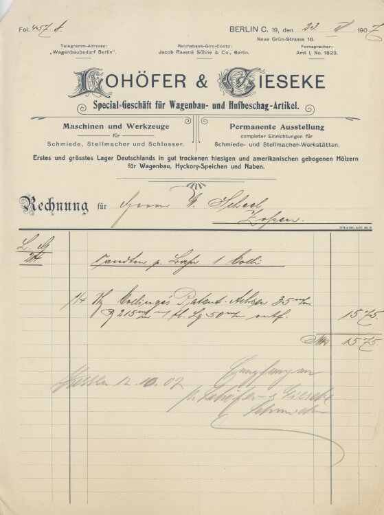 Wilhelm Scheel Schmiedemeisteran Lohöfer & Gieseke- Rechnung - 23.05.1907