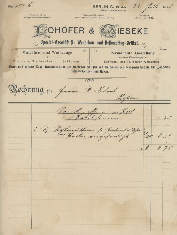 Wilhelm Scheel Schmiedemeisteran Lohöfer & Gieseke- Rechnung - 22.07.1908