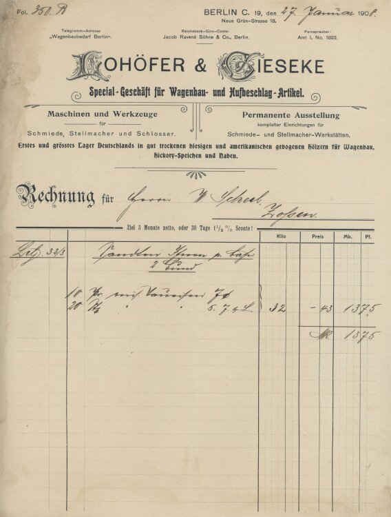 Wilhelm Scheel Schmiedemeisteran Lohöfer & Gieseke- Rechnung - 27.01.1908