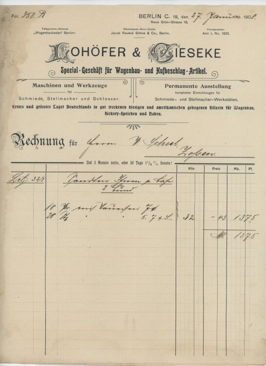 Wilhelm Scheel Schmiedemeisteran Lohöfer & Gieseke- Rechnung - 27.01.1908