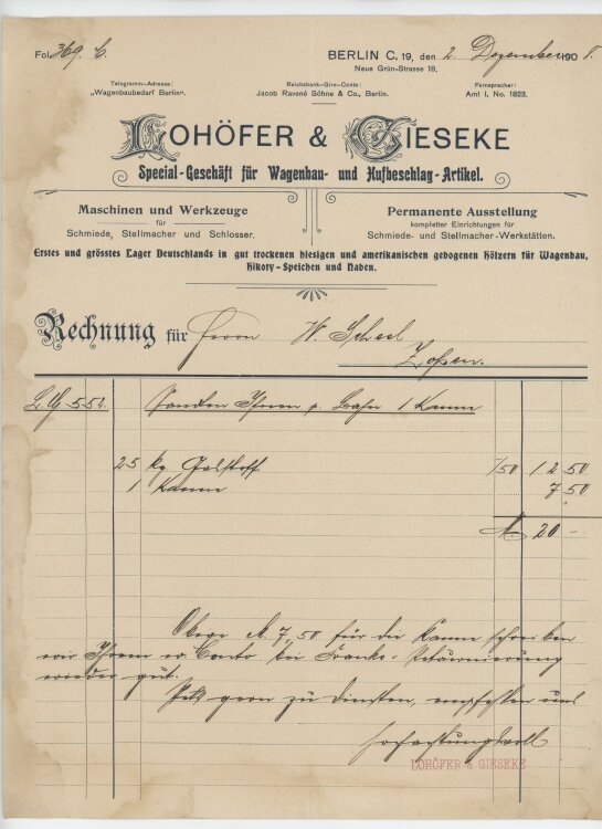 Wilhelm Scheel Schmiedemeisteran Lohöfer & Gieseke- Rechnung - 02.12.1908