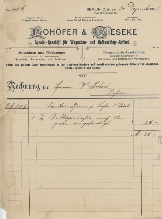 Wilhelm Scheel Schmiedemeisteran Lohöfer & Gieseke- Rechnung - 30.12.1908