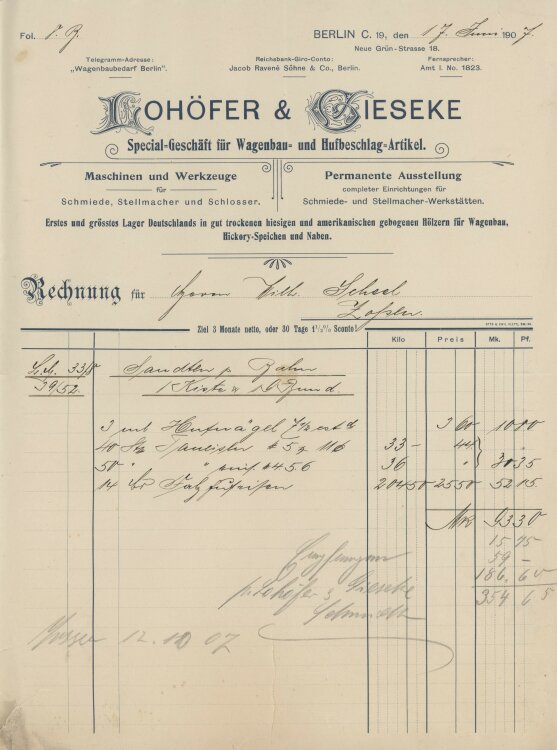 Wilhelm Scheel Schmiedemeisteran Lohöfer & Gieseke- Rechnung - 17.06.1907