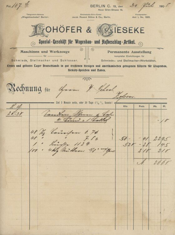 Wilhelm Scheel Schmiedemeisteran Lohöfer & Gieseke- Rechnung - 30.07.1908