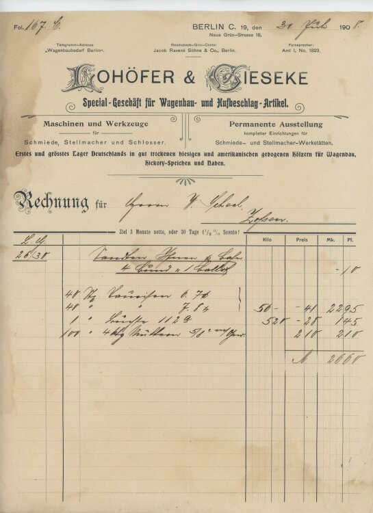 Wilhelm Scheel Schmiedemeisteran Lohöfer & Gieseke- Rechnung - 30.07.1908