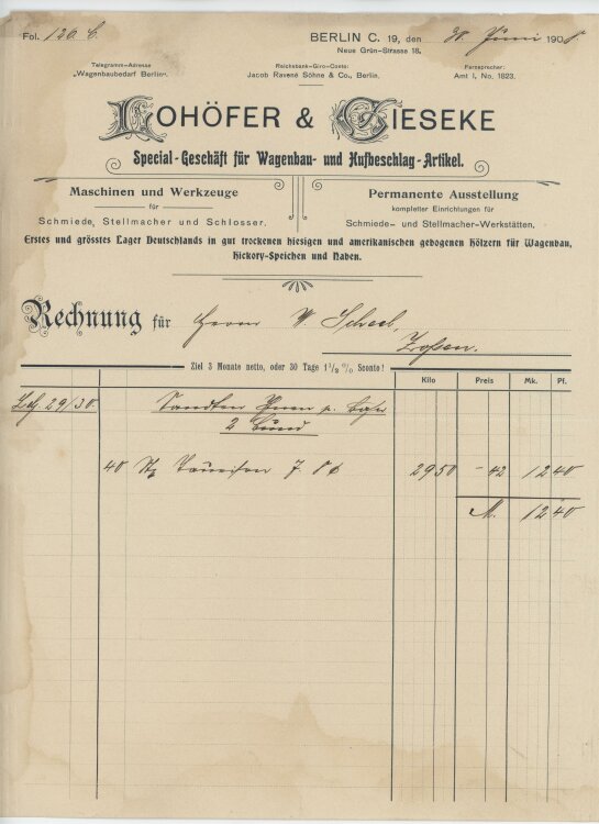 Wilhelm Scheel Schmiedemeisteran Lohöfer & Gieseke- Rechnung - 30.06.1908