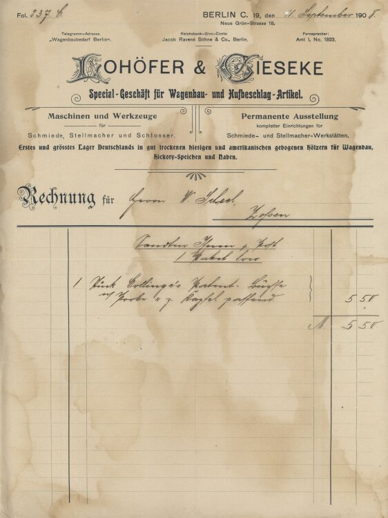 Wilhelm Scheel Schmiedemeisteran Lohöfer & Gieseke- Rechnung - 11.09.1908