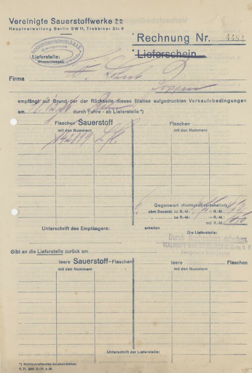 Wilhelm Scheel Schmiedemeisteran Vereinigte Sauerstoffwerke GmbH- Rechnung - 18.12.1926