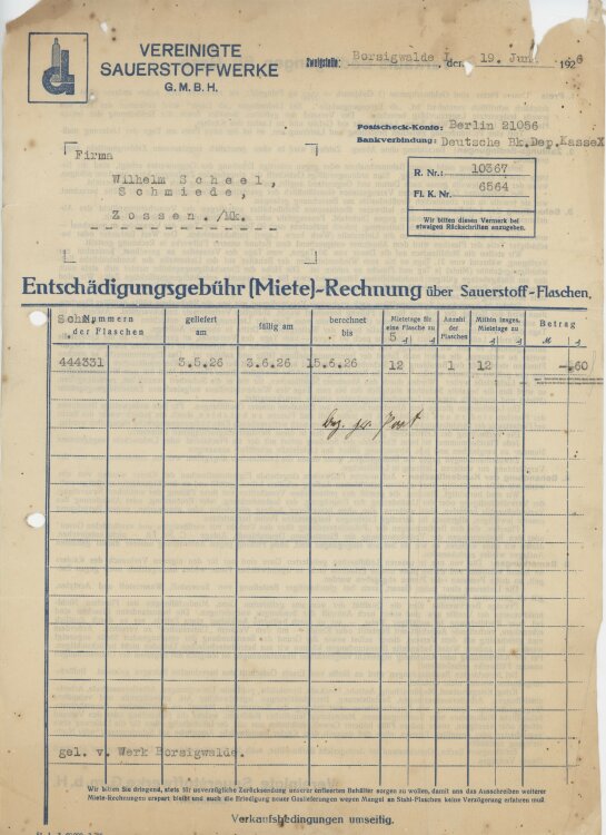 Wilhelm Scheel Schmiedemeisteran Vereinigte Sauerstoffwerke GmbH- Rechnung - 19.06.1926