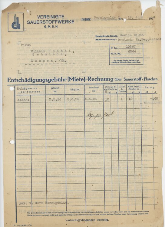 Wilhelm Scheel Schmiedemeisteran Vereinigte Sauerstoffwerke GmbH- Rechnung - 19.06.1926