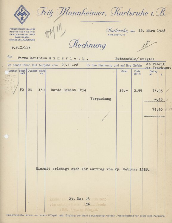 Firma M. Winzrieth (Kaufhaus)an Fritz Mannheimer- Rechnung - 23.03.1928