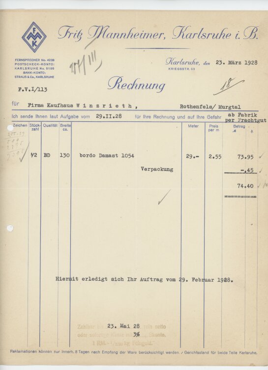 Firma M. Winzrieth (Kaufhaus)an Fritz Mannheimer- Rechnung - 23.03.1928