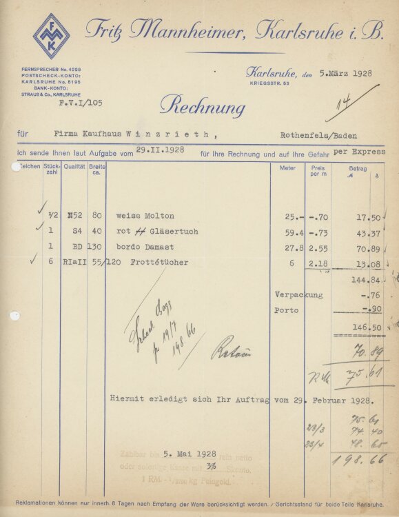 Firma M. Winzrieth (Kaufhaus)an Fritz Mannheimer- Rechnung - 05.03.1928