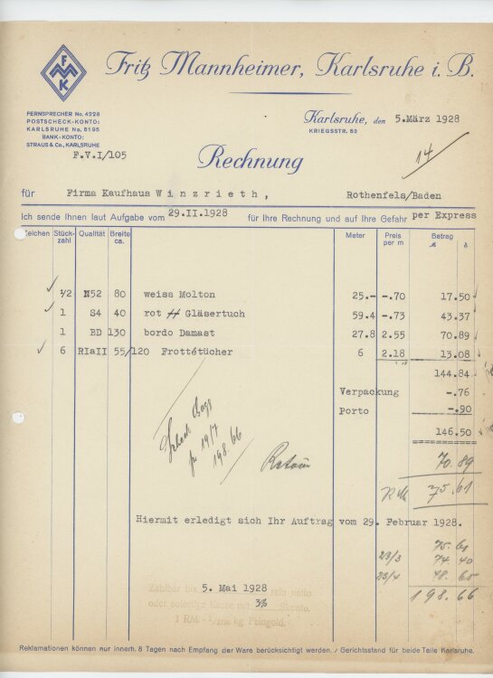 Firma M. Winzrieth (Kaufhaus)an Fritz Mannheimer- Rechnung - 05.03.1928