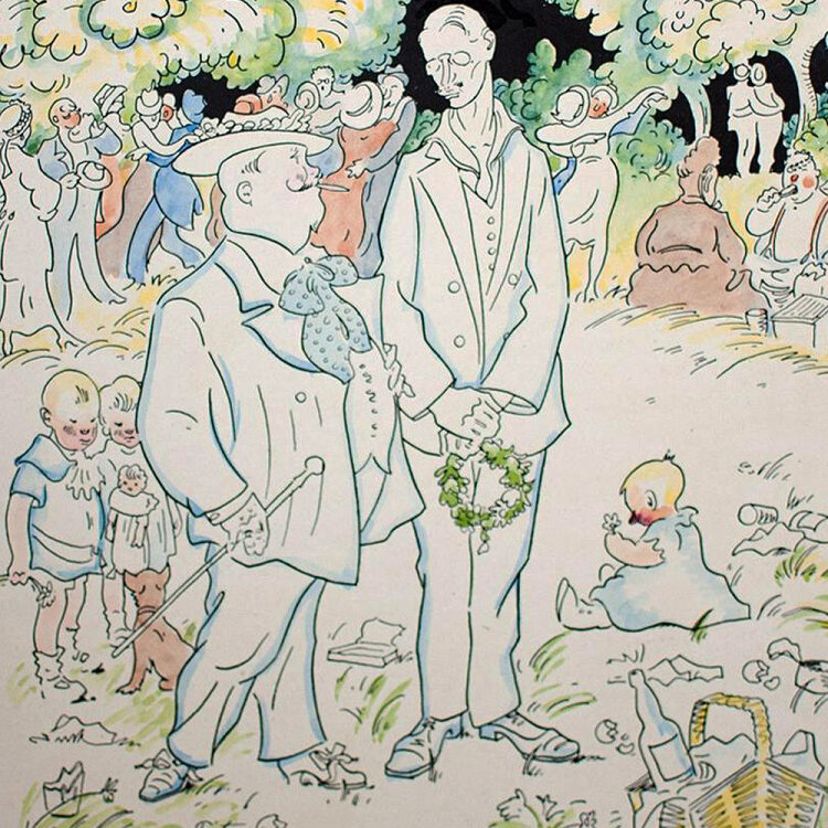 Carl Olof Petersen - Herren beim Picknick - undatiert - colorierte Lithografie