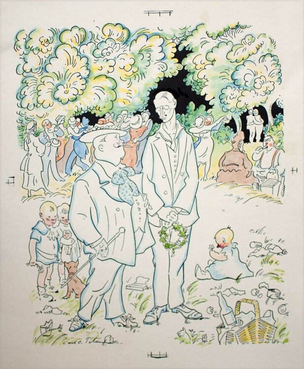 Carl Olof Petersen - Herren beim Picknick - undatiert - colorierte Lithografie