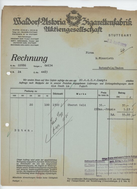 Firma M. Winzrieth (Kaufhaus)an Waldorf-Astoria Zigarettenfabrik AG- Rechnung - 23.04.1928