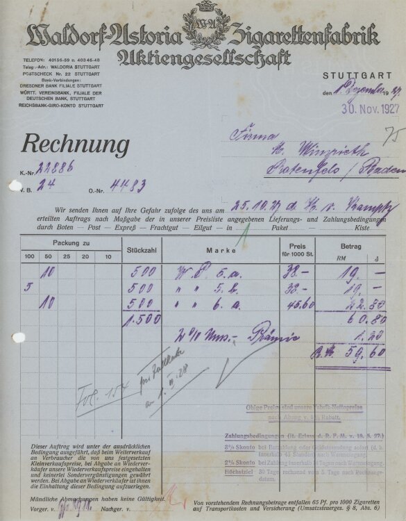 Firma M. Winzrieth (Kaufhaus)an Waldorf-Astoria Zigarettenfabrik AG- Rechnung - 30.11.1927