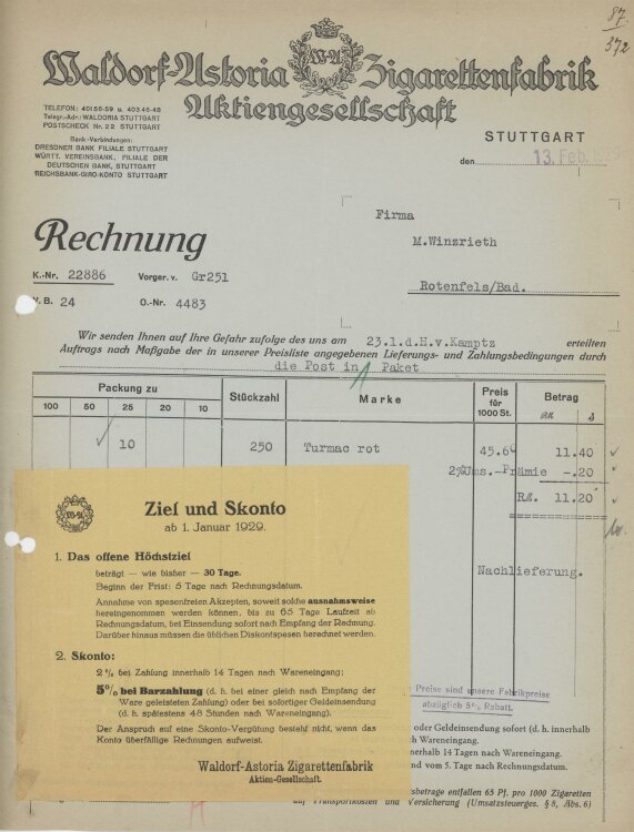 Firma M. Winzrieth (Kaufhaus)an Waldorf-Astoria Zigarettenfabrik AG- Rechnung - 13.02.1929