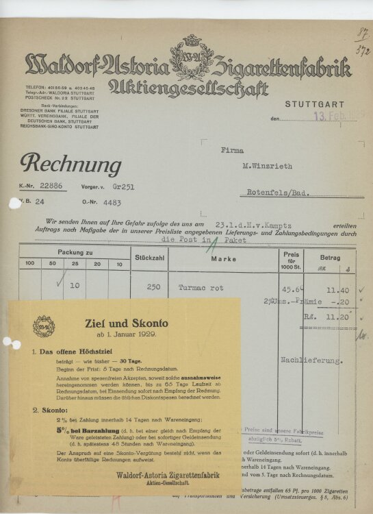 Firma M. Winzrieth (Kaufhaus)an Waldorf-Astoria Zigarettenfabrik AG- Rechnung - 13.02.1929