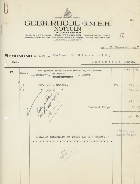 Busch & Coan Gebr. Rhode GmbH- Rechnung - 02.12.1927