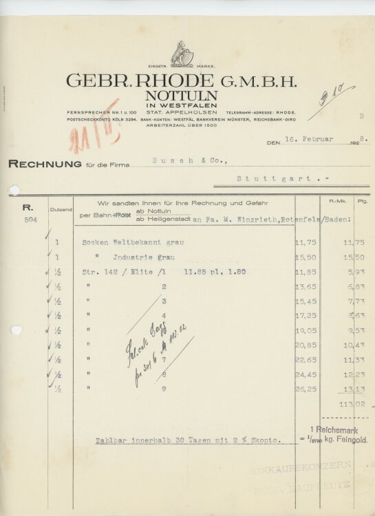 Busch & Coan Gebr. Rhode GmbH- Rechnung - 16.02.1928