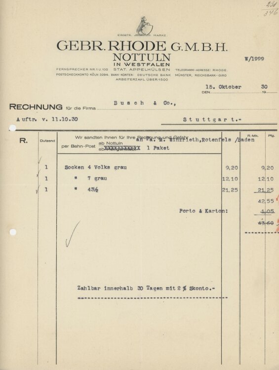 Busch & Coan Gebr. Rhode GmbH- Rechnung - 15.10.1930