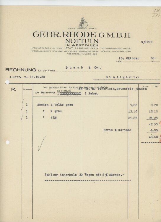 Busch & Coan Gebr. Rhode GmbH- Rechnung - 15.10.1930