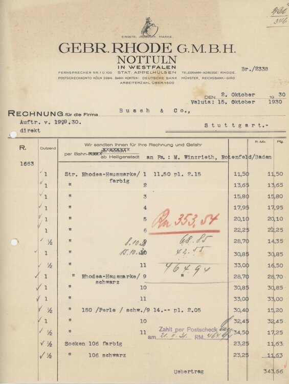 Busch & Coan Gebr. Rhode GmbH- Rechnung - 02.10.1930