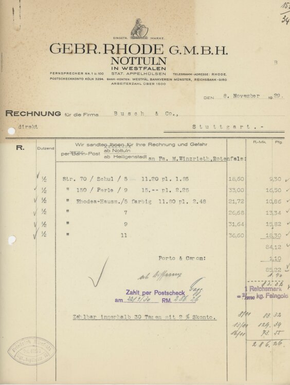 Busch & Coan Gebr. Rhode GmbH- Rechnung - 08.11.1929