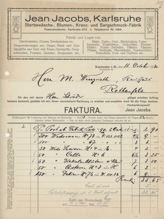 Firma M. Winzrieth (Kaufhaus)an Jean Jacobs- Rechnung - 11.10.1930