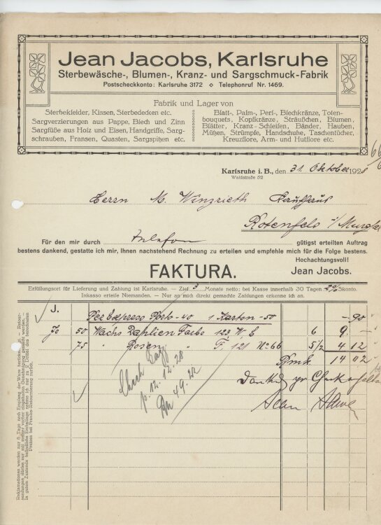 Firma M. Winzrieth (Kaufhaus)an Jean Jacobs- Rechnung - 31.10.1928