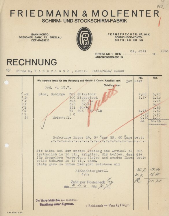 Firma M. Winzrieth (Kaufhaus)an Friedmann & Molfenter Schirm- und Stockschirmfabrik- Rechnung - 31.07.1933