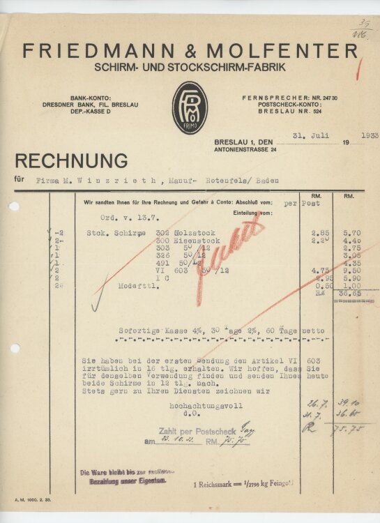 Firma M. Winzrieth (Kaufhaus)an Friedmann & Molfenter Schirm- und Stockschirmfabrik- Rechnung - 31.07.1933