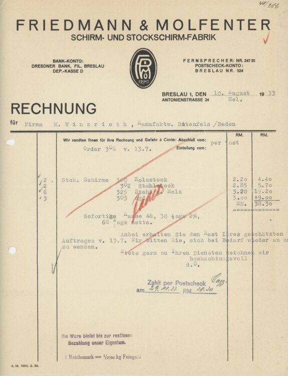 Firma M. Winzrieth (Kaufhaus)an Friedmann & Molfenter Schirm- und Stockschirmfabrik- Rechnung - 10.08.1933