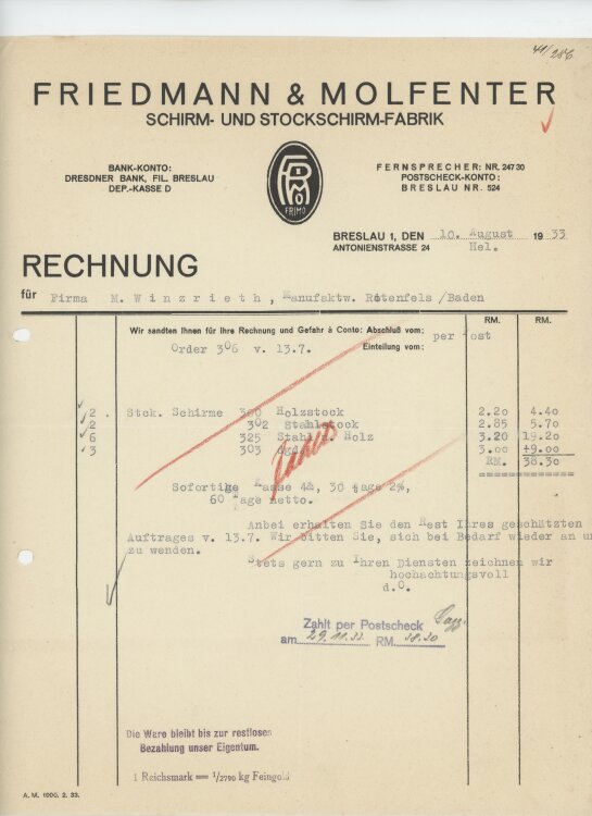 Firma M. Winzrieth (Kaufhaus)an Friedmann & Molfenter Schirm- und Stockschirmfabrik- Rechnung - 10.08.1933