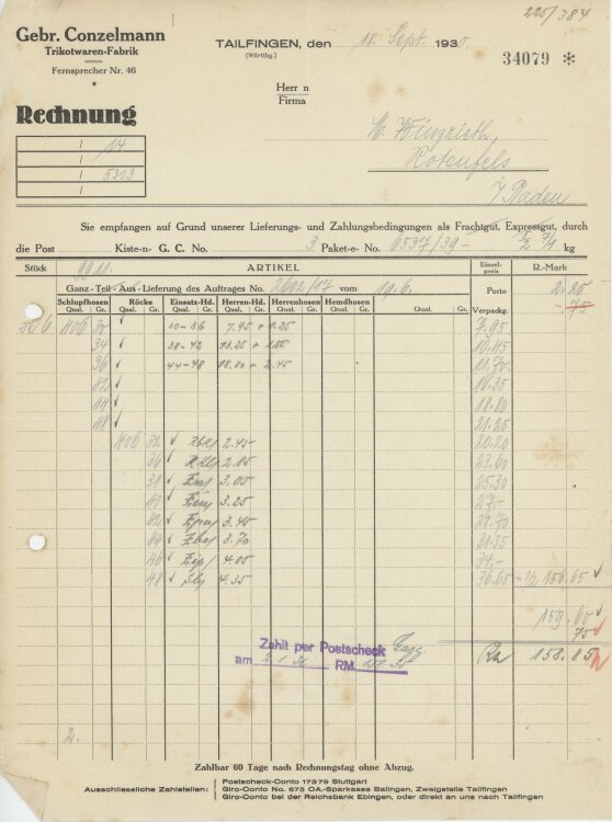 Firma M. Winzrieth (Kaufhaus)an Gebr. Conzelmann Trikotwaren-Fabrik- Rechnung - 18.09.1930