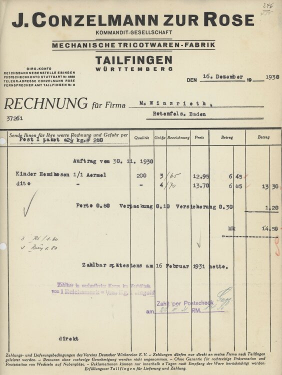 Firma M. Winzrieth (Kaufhaus)an Gebr. Conzelmann Trikotwaren-Fabrik- Rechnung - 16.12.1930