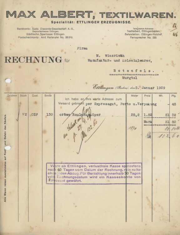 Firma M. Winzrieth (Kaufhaus)an Max Albert, Textilwaren-...