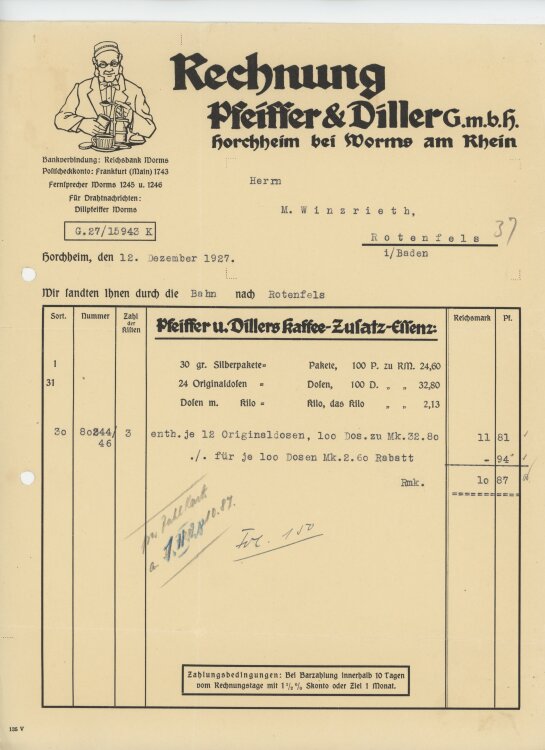 Firma M. Winzrieth (Kaufhaus)an Pfeiffer & Diller GmbH- Rechnung - 12.12.1927