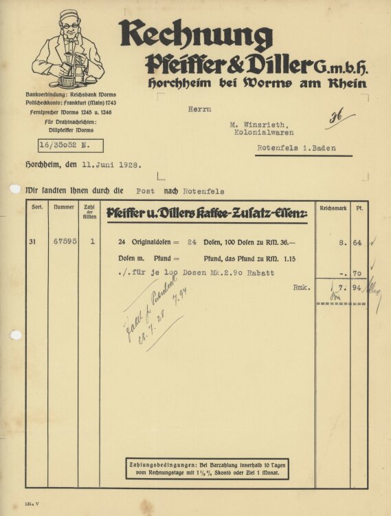 Firma M. Winzrieth (Kaufhaus)an Pfeiffer & Diller GmbH- Rechnung - 11.06.1928