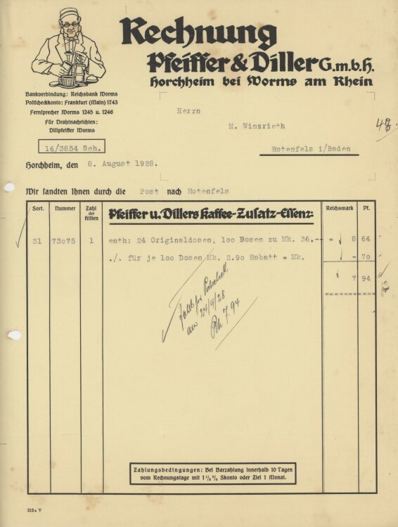 Firma M. Winzrieth (Kaufhaus)an Pfeiffer & Diller GmbH- Rechnung - 08.08.1928