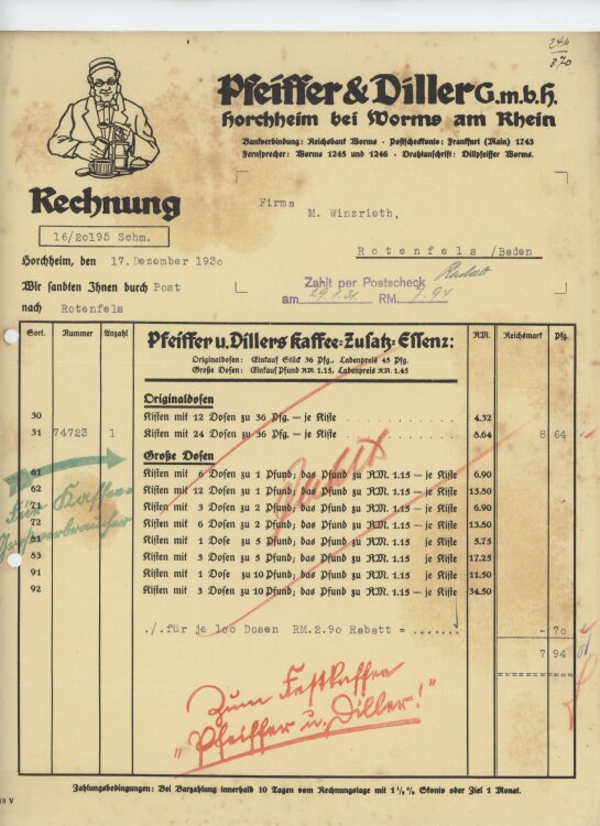 Firma M. Winzrieth (Kaufhaus)an Pfeiffer & Diller GmbH- Rechnung - 17.12.1930