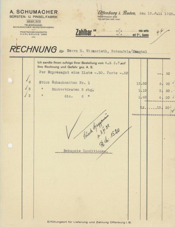 Firma M. Winzrieth (Kaufhaus)an A. Schumacher...