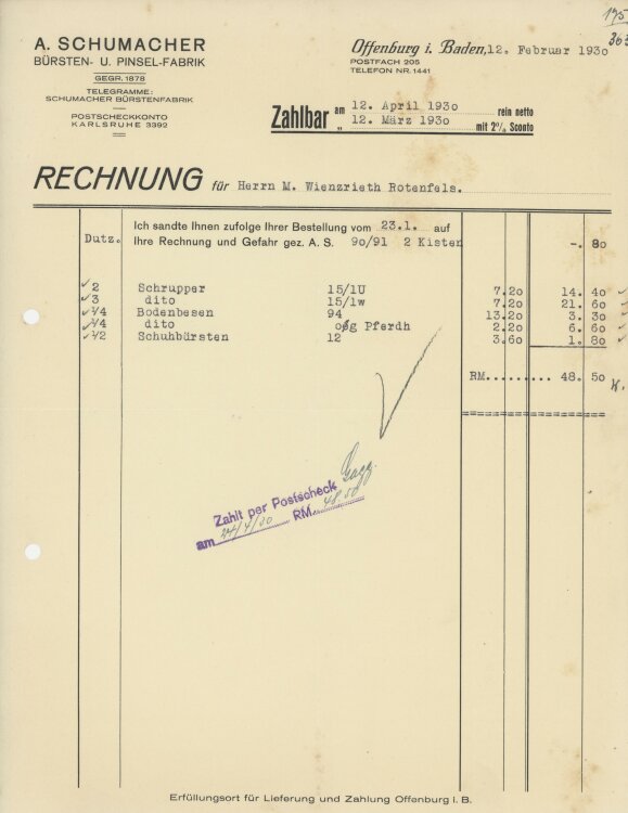 Firma M. Winzrieth (Kaufhaus)an A. Schumacher Bürsten u. Pinselfabrik- Rechnung - 12.02.1930